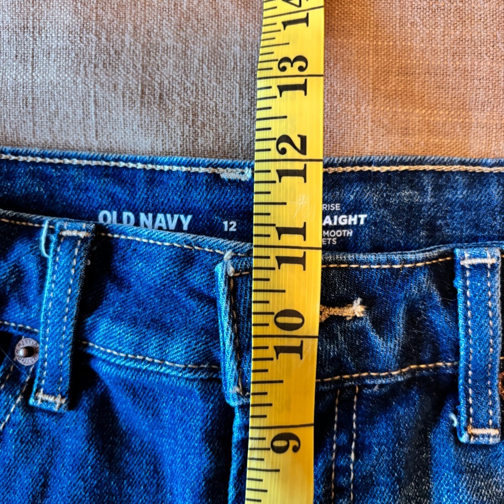 Old Navy Denim Shorts OG Straight 12 High Rise Raw Hem Dark Wash Distressed Boho - Picture 7 of 7